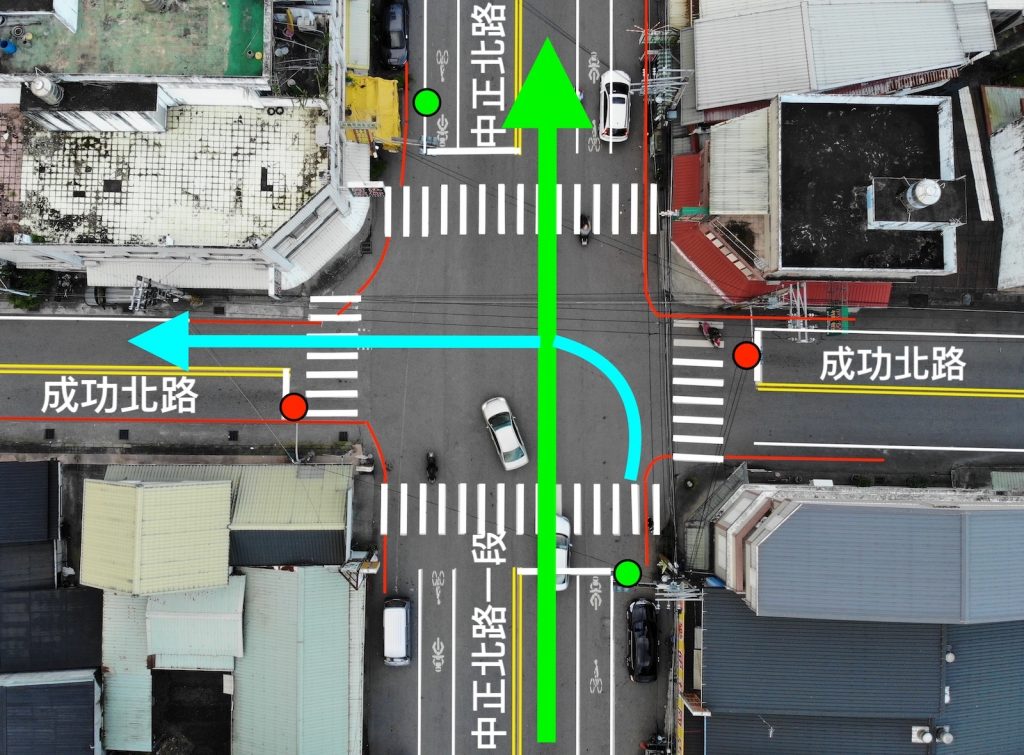 我做了一張示意圖，看看「闖紅燈」與「靠左的左轉」的別在哪裡
